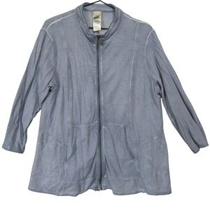 Chico's Full Zip Jacket Womens 3 Blue Good Embroidered Peplum Mock Neck Casual